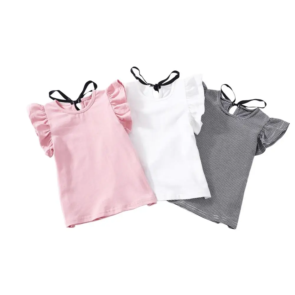 

1 - 6 yrs toddler girls cute ruffled white little girl school clothes 2019 summer casual striped t-shirts knit short sleeve tops