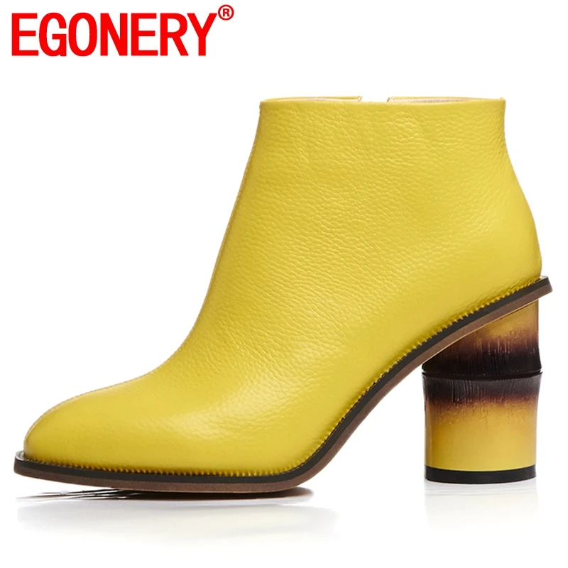 

EGONERY leather woman booties fashion party ankle boots winter plush warm zip cow leather 8.5cm high heels shoes drop shipping