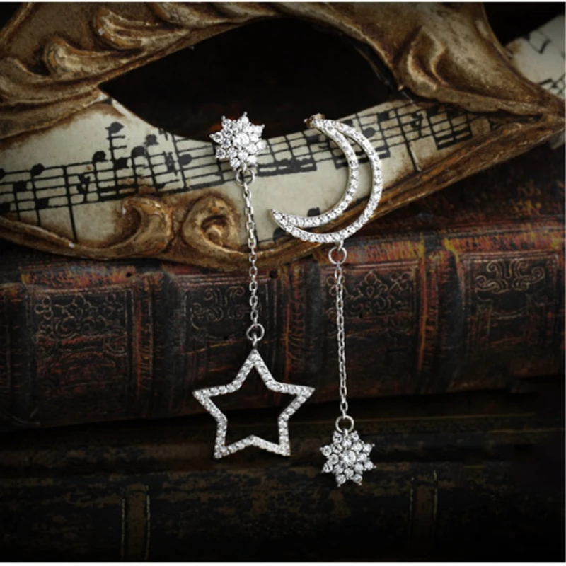 

Star Moon Long 925 Sterling Silver Temperament Zircon Personality Not Allergy Fashion Female Dangle Earrings SEA234