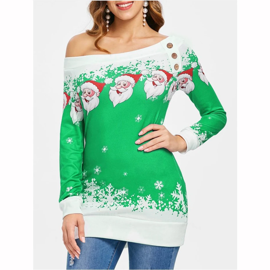 Christmas Sweatshirt Off Shoulder Top Buttons Clothing Womens 2019 New Year Dress Print Santa Cute Autumn Winter Women Pullover (8)