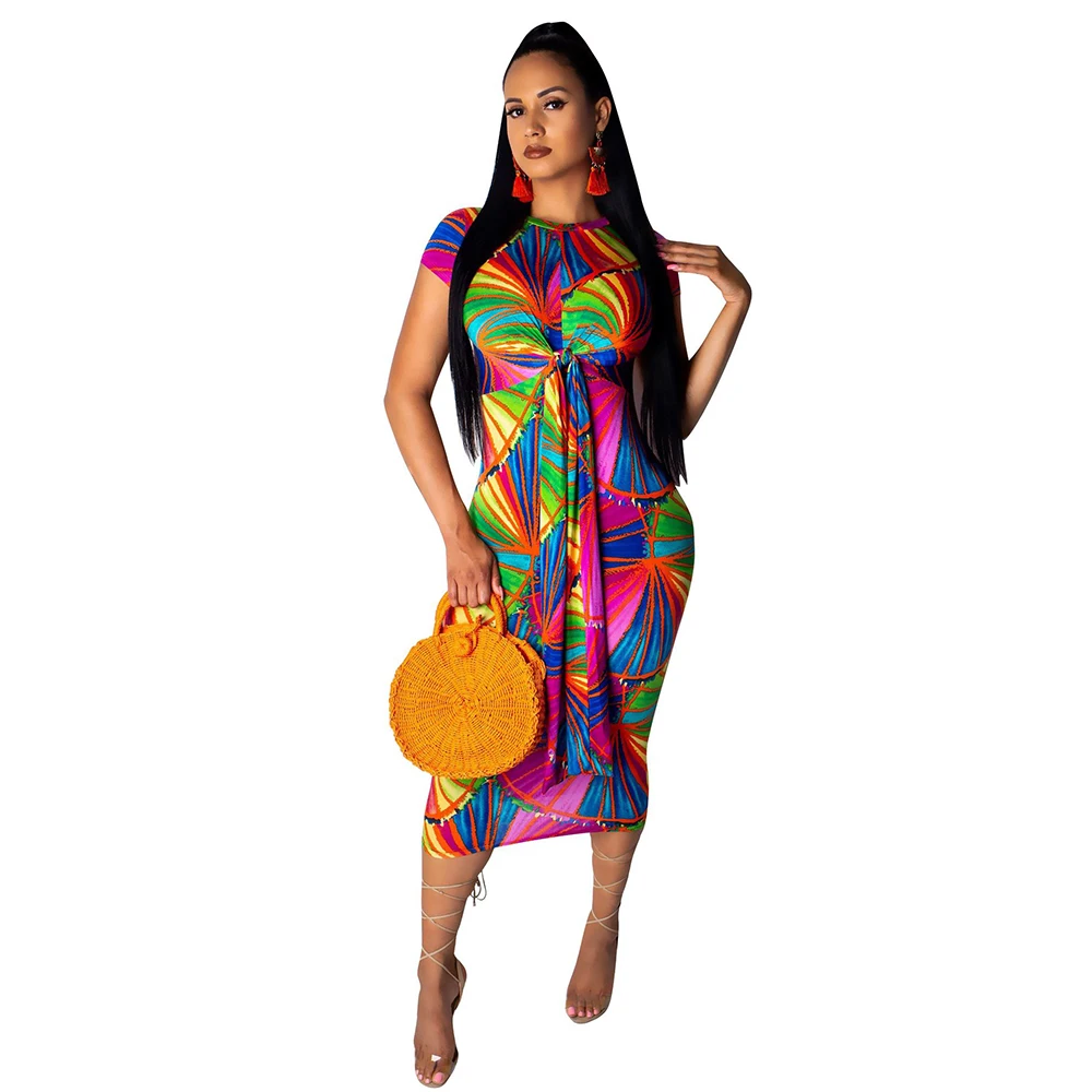 

Elegant Print Lace Up Bandage Bodycon Dress Women Casual Short Sleeve O Neck Sheath Midi Women Dress Night Club Dress Vestidos