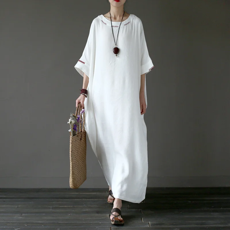 Solid White Plus size Linen Embroidery Women Long Dress Original ...