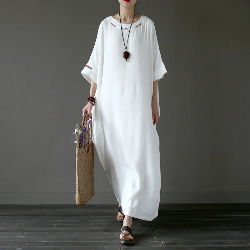 Solid White Plus size Linen Embroidery Women Long Dress Original