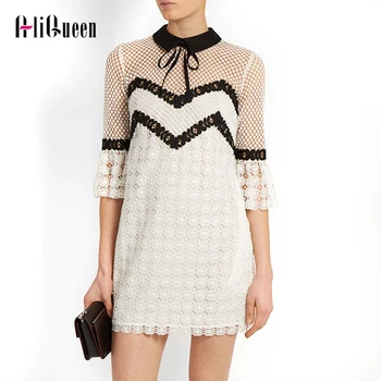 

Summer 2019 Self Portrait Dress Half Flare Sleeve Bow Turn-down Collar Runway White Lace Patchwork Hollow Out Sexy Party Dress