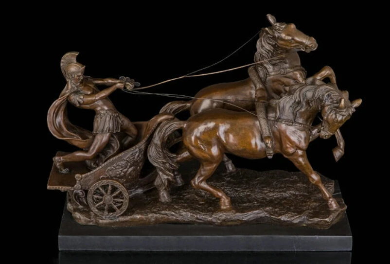 

Free Shipping Art Deco Sculpture Rome Chariot Warrior Soldier Drive Two Horses Bronze Statue R0713
