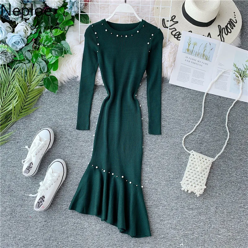

Neploe Stretch Knitted Sweater Dress for Women Winter Female Long Sleeve Party Bodycon Dresses Beading Sexy Office Midi Vestidos