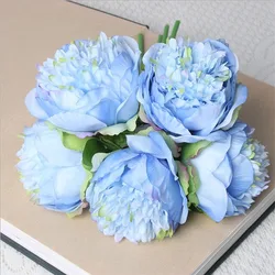 Elegant 5-Piece Peony and Rose Artificial Silk Flower Bouquet - White and Pink Decor (Blue)