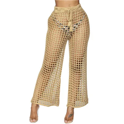 Adogirl Women Beach Flare Pants Solid Knitted Hollow Out Fishnet Wide Leg Pants High Waist Lace Up Sashes Night Club Trousers - Цвет: Camel pants