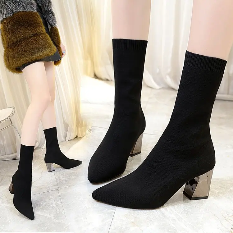 

2018 Fashion New Womens Boots Elastic Fabric High Heels Platform Pumps Pointed Toe Shoes Mid Calf Boots Lady aa1031