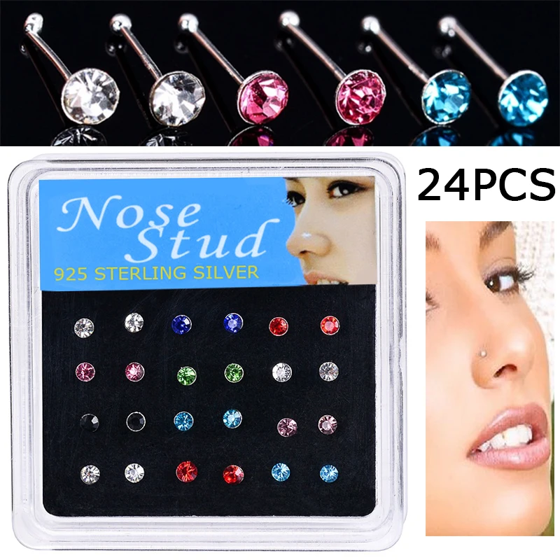 

WALERV 24Pieces 2MM Multicolor White Crystal Nose Studs For Women Fashion Body Nose Piercing Jewelry Nose Ring