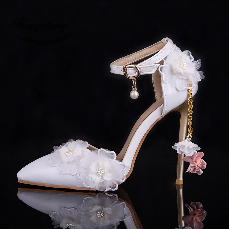 

BaoYaFang11cm Super Heels shoes Wedding shoes Woman ankle strap Buckle shoes Sweet party shoe White Lace fringe pointed toe