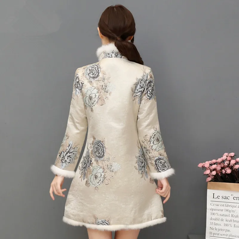 HANZANGL китайское традиционное женское платье Чонсам с длинным рукавом Qipao толстый теплый шерстяной воротник Ретро принт зимнее пальто чонсам