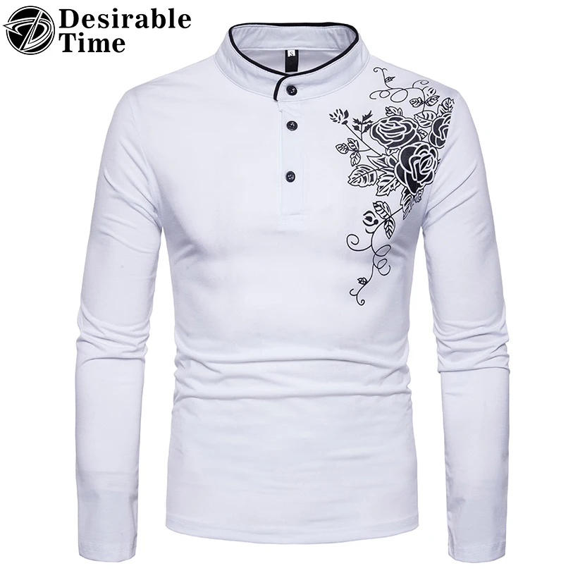 Mandarin Collar Mens Print Polo Shirts Euro Size S XXL Floral Long Sleeve Polo Shirt Men 2018