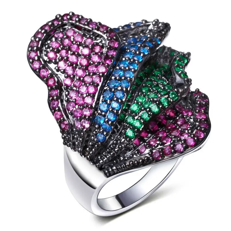 

Color Festival Holiday gift Zircon jewelry Red Green Blue colors stones Rhodium metal Beautiful High-end Flower Ring for party