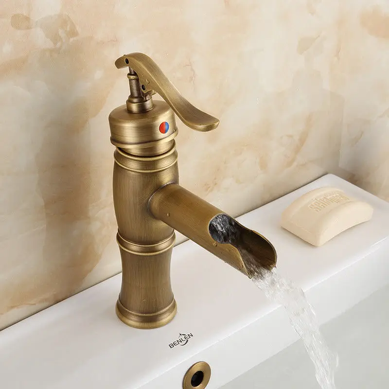 Antique Brass Bathroom Basin Vessel Sink Faucet Single Handle Waterfall Spout Mixer Tap KD305 Antique Brass Bathroom Basin Vessel Sink Faucet Single Handle Waterfall Spout Mixer Tap KD305