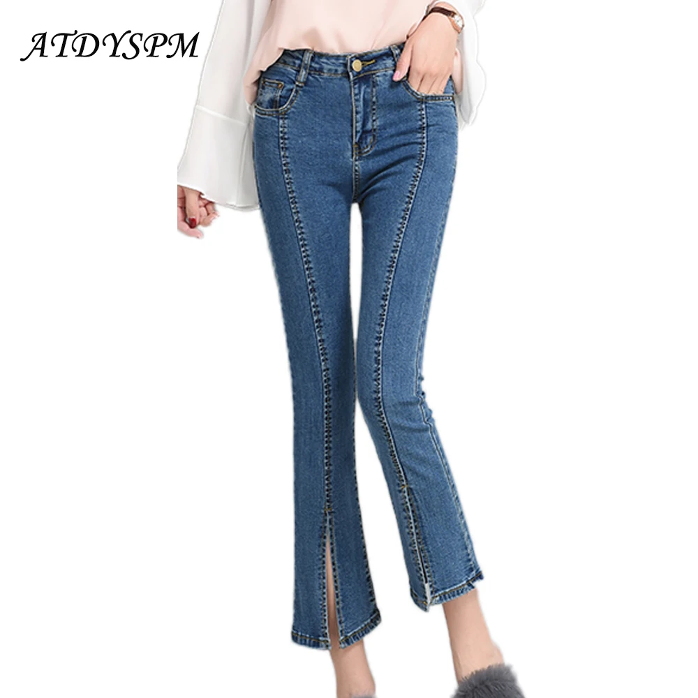 New Fashion Women Flares Pants Sexy Split Jeans Elastic High Waist Slim ...