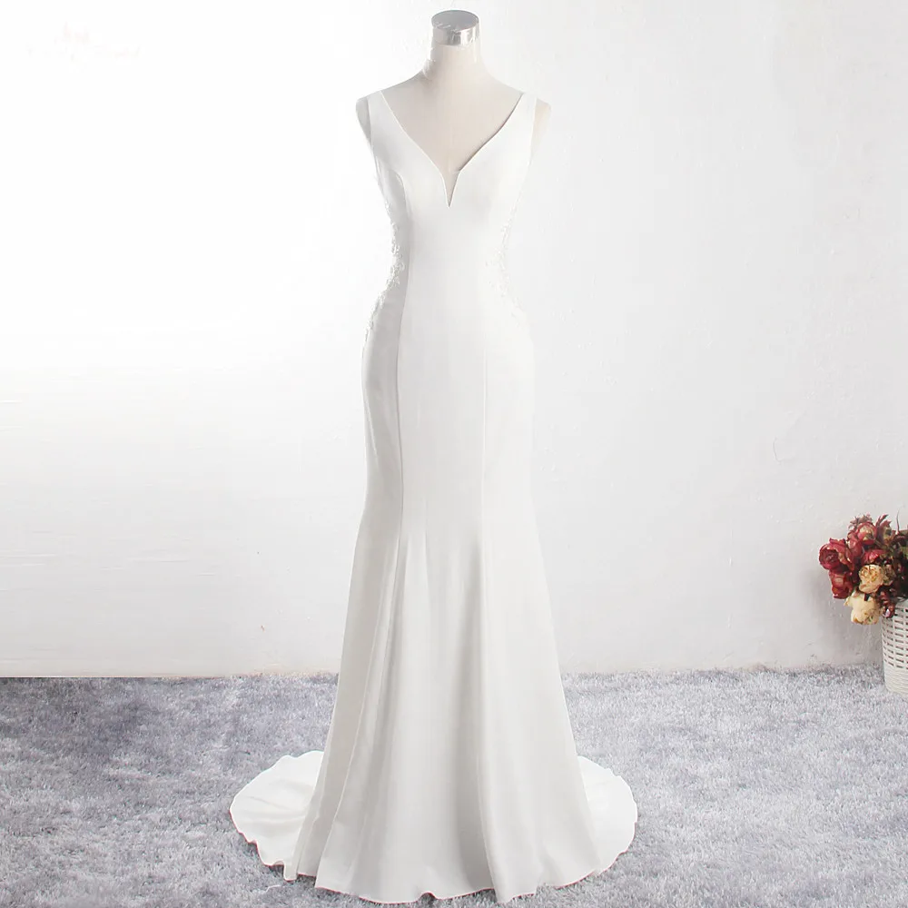 

LZ349 Simple Embroidery Sleeveless Wedding Dress Sexy Illusion Backless Mermaid Dress Crystal Bridal Gown Vestido De Noiva