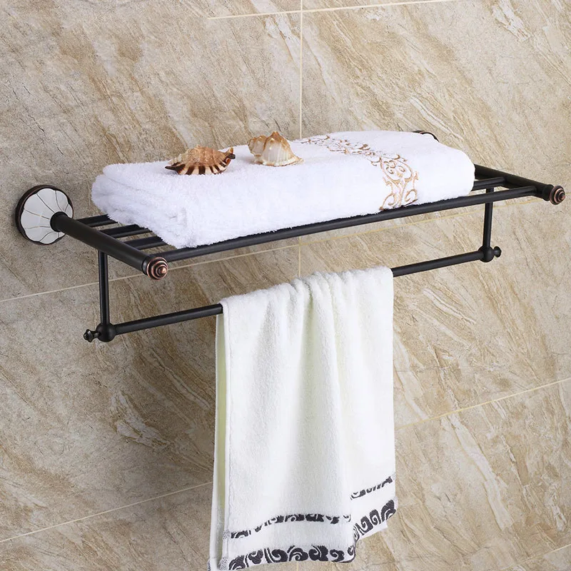 Antique Pendant Villa Black Bronze Retro Towel Rack Double Layer Wall Mounted Bathroom Towel Shelf Lotus Towel Bar Double Layer