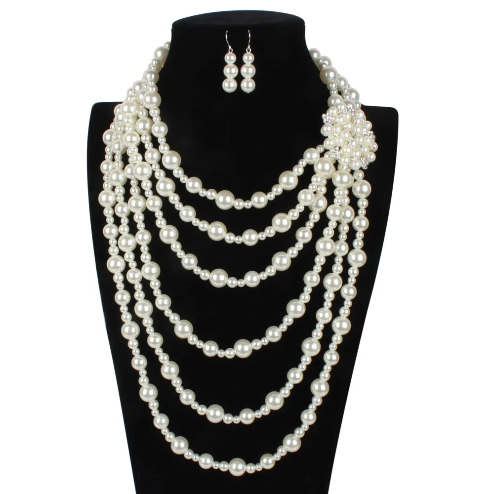 

Bohemian Multi Layer Exaggerated Beads Necklace Earrings Flower Bridal Sets African Strand Pearl Crystal Jewelry Set for Women