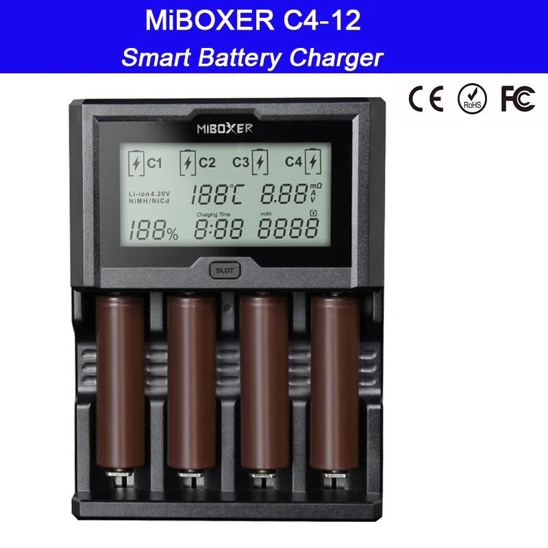Умное зарядное устройство Miboxer 12 а 4 слота ЖК экран для литий ионных/Ni mh/Ni Cd/LiFePO4