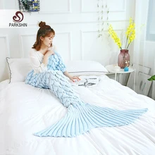 Parkshin Wholesale Light Blue Mermaid Tail Knitted Blanket Soft Crochet Handmade Sleeping Bag for Kid Adult All Season Best Gift hollow out color block crochet knitting mermaid blanket for kid