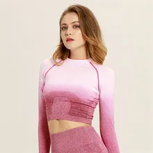 Женский Омбре высокая эластичность, для йоги футболка бесшовный короткий топ рубашки для тренировки с длинным рукавом для женщин тренажерный зал облегающая Фитнес Спортивная рубашка