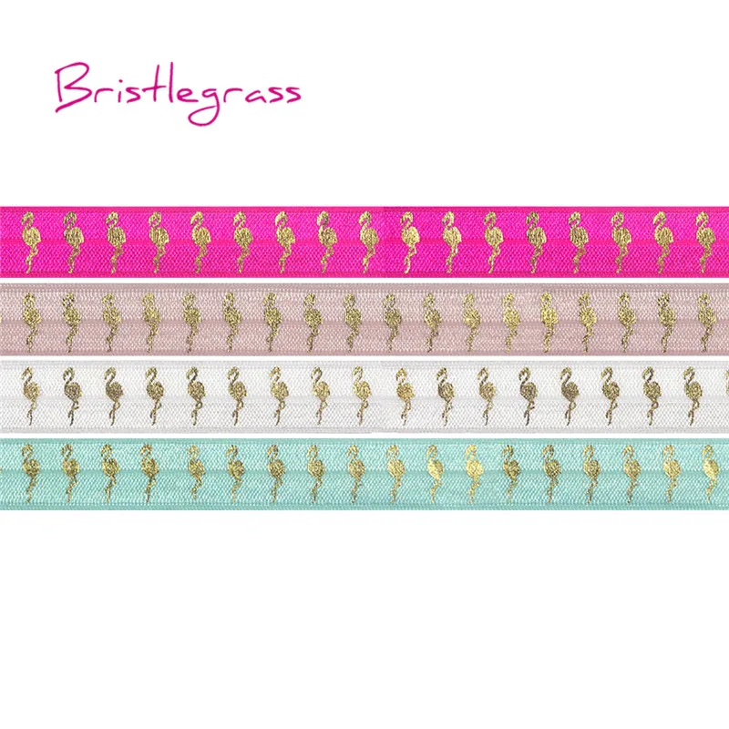 

BRISTLEGRASS Wholesale 50 Yard 5/8" 15mm Gold Flamingo Foil Print Shiny Fold Over Elastic FOE Spandex Band Headband Dress Sewing