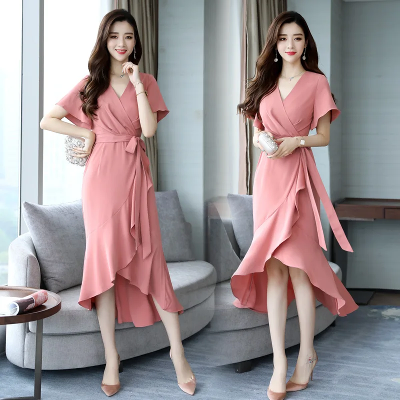 

Summer Women Fishtail Dress New Korean Sexy V-neck Slim Lace-up Irregular Midi Dress Elegant Ladies Party Dresses Women Clothing