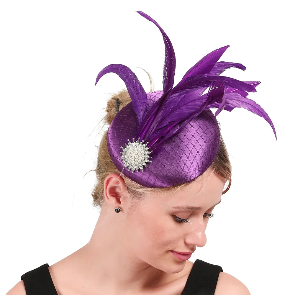 Классический шикарный перьевой головной убор заколка для волос шляпа головная повязка Очаровательная сетка свадебная вуаль Свадебная вечеринка fedora chapeau дамы - Цвет: Темно-фиолетовый