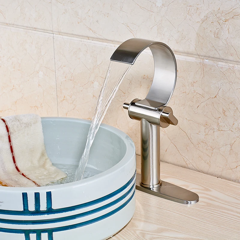 

Nickel Brushed Deck Mount Bathroom Sink Faucet Single Handle Waterfall Spout Mixer Tap with Cover Plate