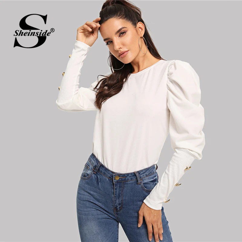 Sheinside أنيقة تي شيرت أبيض المرأة طويلة الأكمام أعلى نفخة الأكمام مع زر التفاصيل المحملة قميص فام الخريف قمصان السيدات قمم