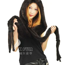 EMS DHL cx-c-33 норки Мех животных ручной вязки зимняя шапка-шарф с капюшоном~ груза падения