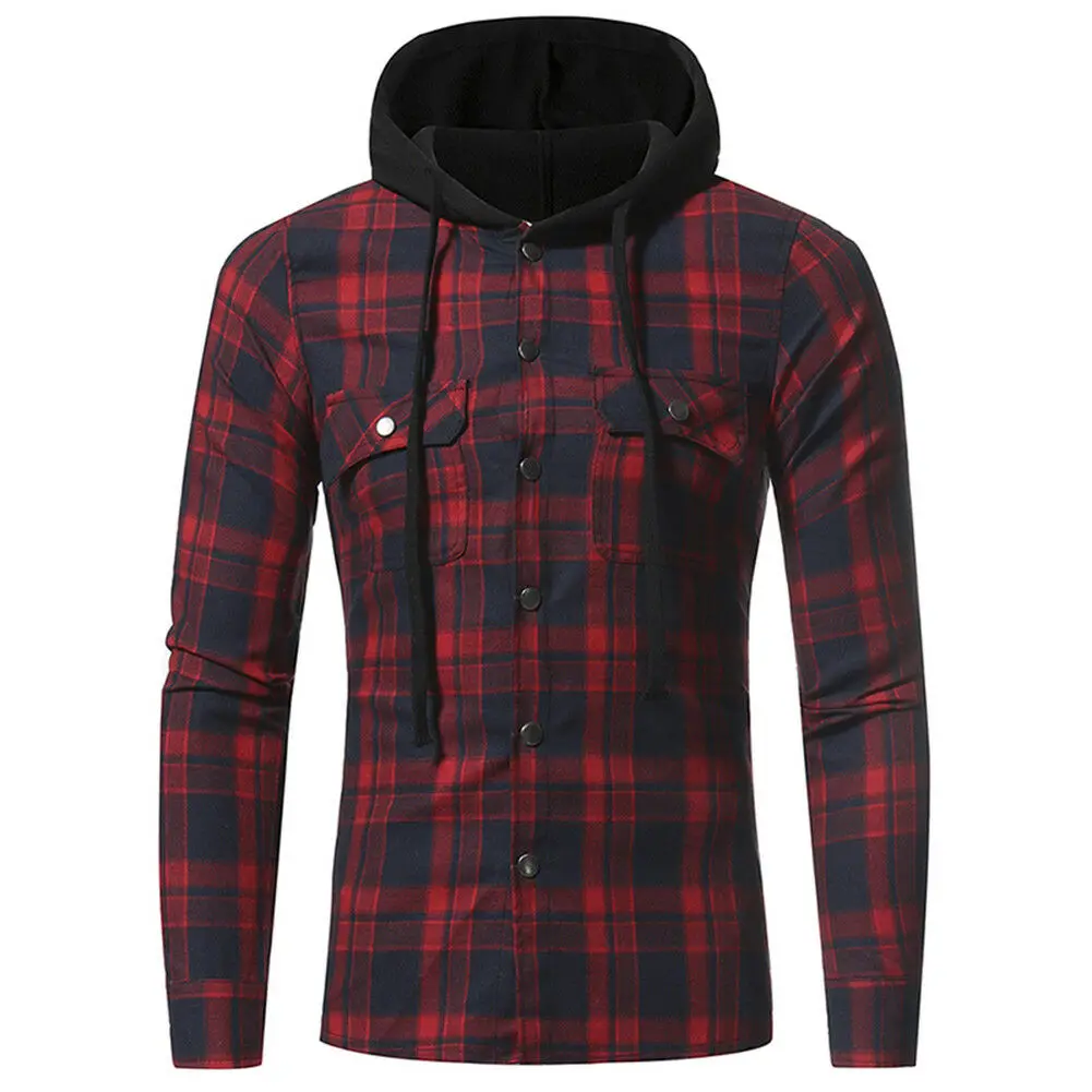 Brand New Style Plus Size Men Casual Long Sleeve Plaid Hooded Checked Pullover Shirt Tops Blouse