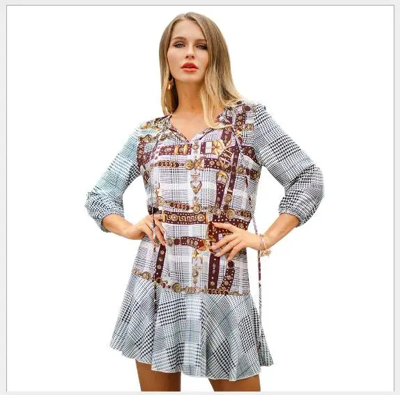 Women Dress 2019 New Spring V-Neck Long Sleeve Mini Female Outwear Fashion Casual Pullover Slim Fit Printing A-Line | Женская одежда
