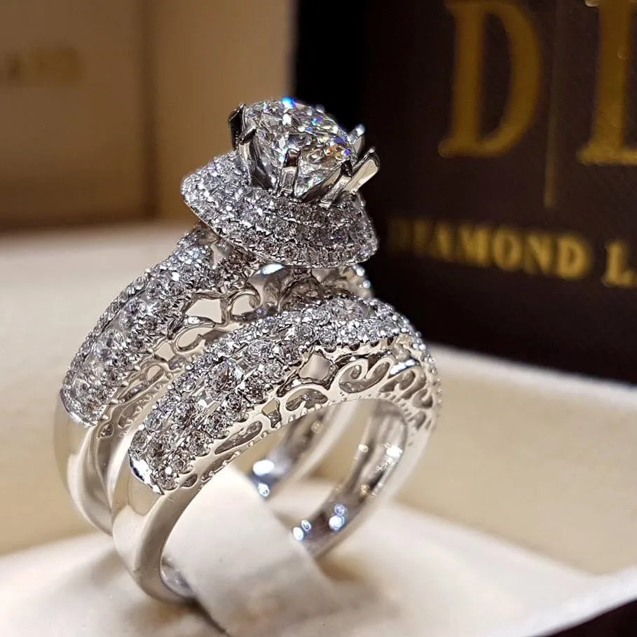 Роскошное женское круглое кольцо с белым богемским хрусталём, набор модных серебряных украшений, обещание на помолвку, кольца для женщин, 2 шт - Цвет основного камня: CY280