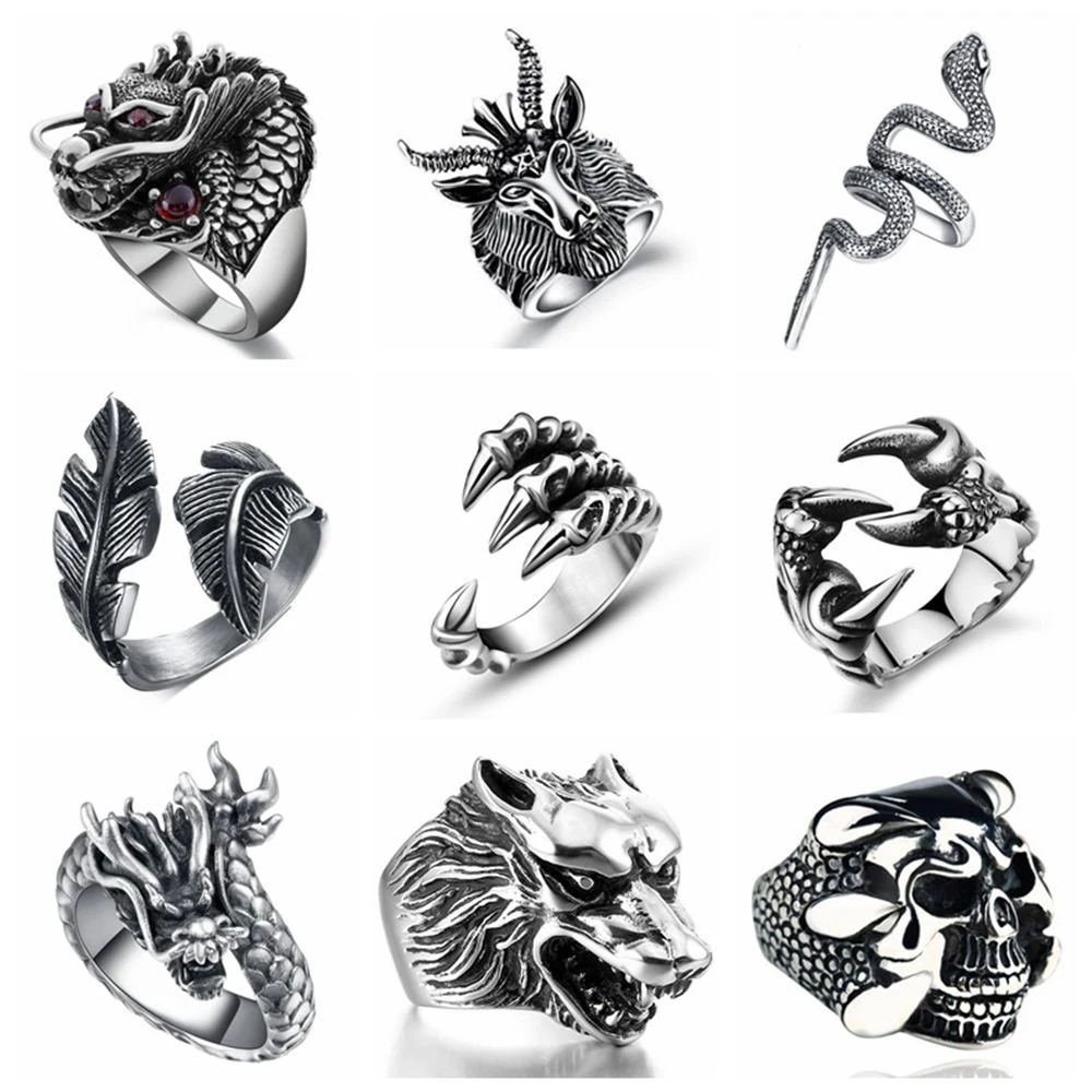 Gothic Punk Ring Men Fashion Retro Skull Wolf Dragon Snake Tiger Male Ring jewelry Anel Halloween Accessories Anillo Hombre