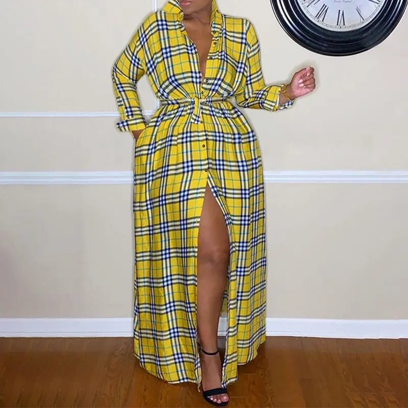 

Summer Elegant Sexy Club Office Ladies Party Vintage Women Long Dresses Plus Size Black Girls Plaid Split Casual Maxi Dress