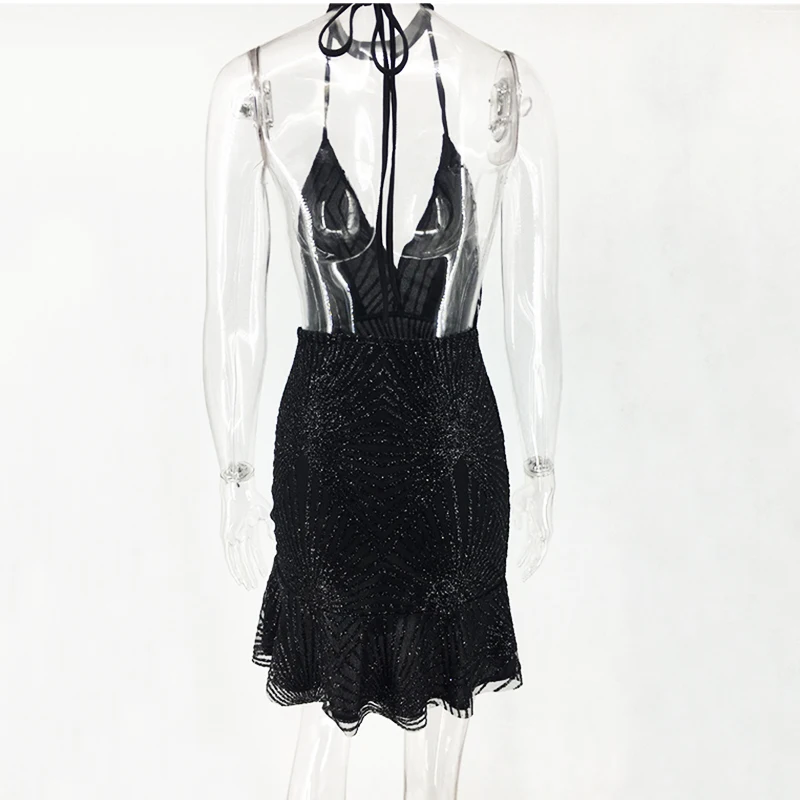 FREE SHIPPING Gold Sequin Dress Halter Backless Women Party Dress Mini ...