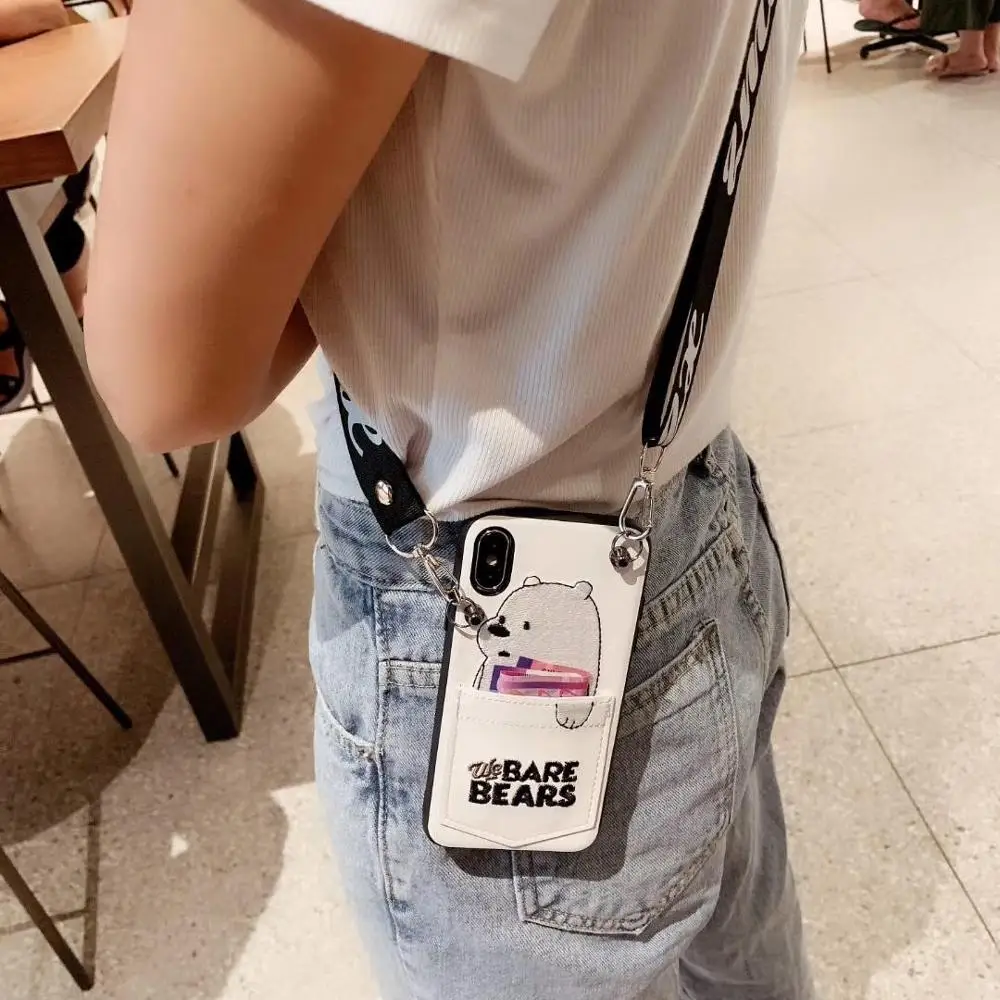 

XR Embroidery Bear Panda Card Holder Nylon Strap Phone Case Soft Leather Cover For iPhoneXsmax 6s 7P/8plus Body Shell Protection