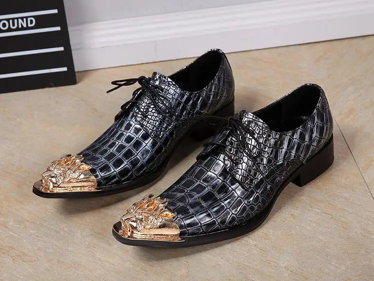 

Slip-On Pointed Iron toes Oxforda Genuine Leather Men's Dress Shoe Dark Blue Plaid Lace-Up Low Heel Dress Height Increasing Shoe