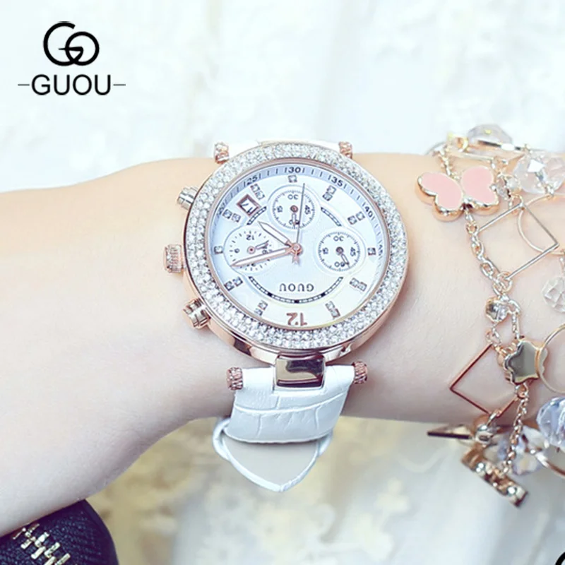 

GUOU Watch Luxury Rhinestone Watch Women Watches Genuine Leather Diamond Watch Hour Clock Relogio Feminino 8122 GU003