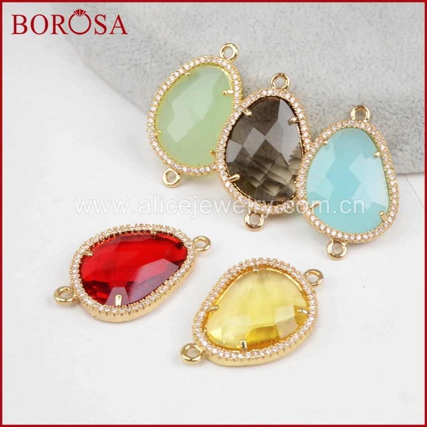 

BOROSA Gold Color CZ Micro Pave Irregular Rainbow Glass Faceted Stone Connectors Drusy Connector Double Bails for Bracelet WX385