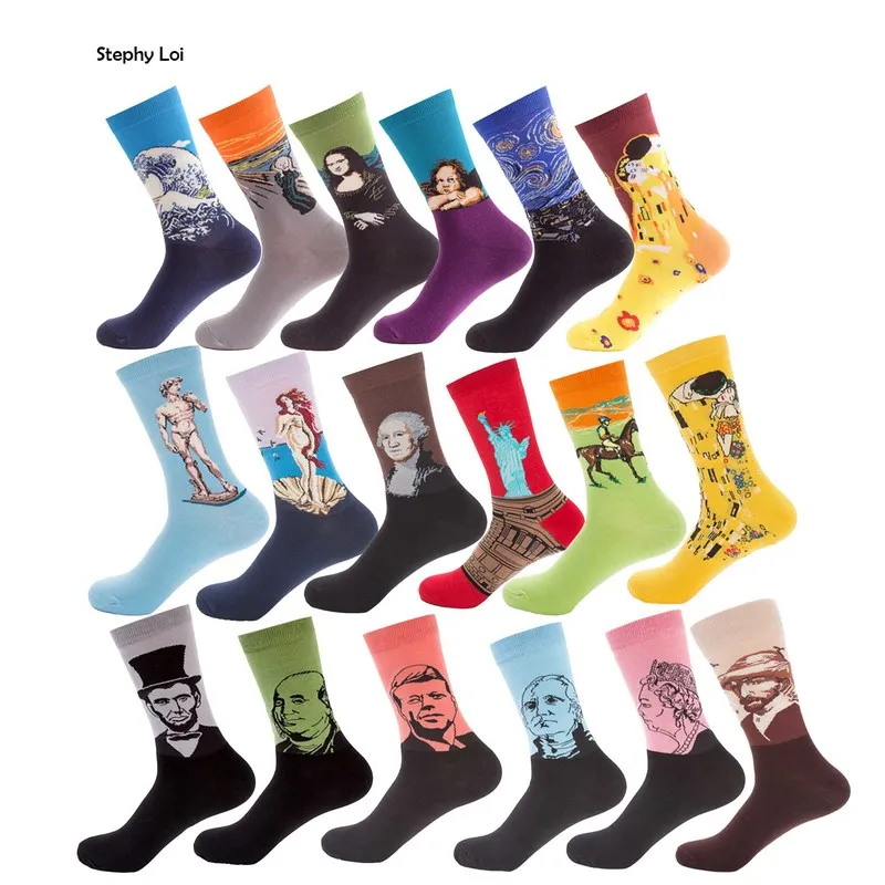 

6 Pairs/Lot Retro Men Combed Cotton Art Crew Socks Starry Night Van Gogh World Famous Painting Funny Novelty Pack Sox Harajuku