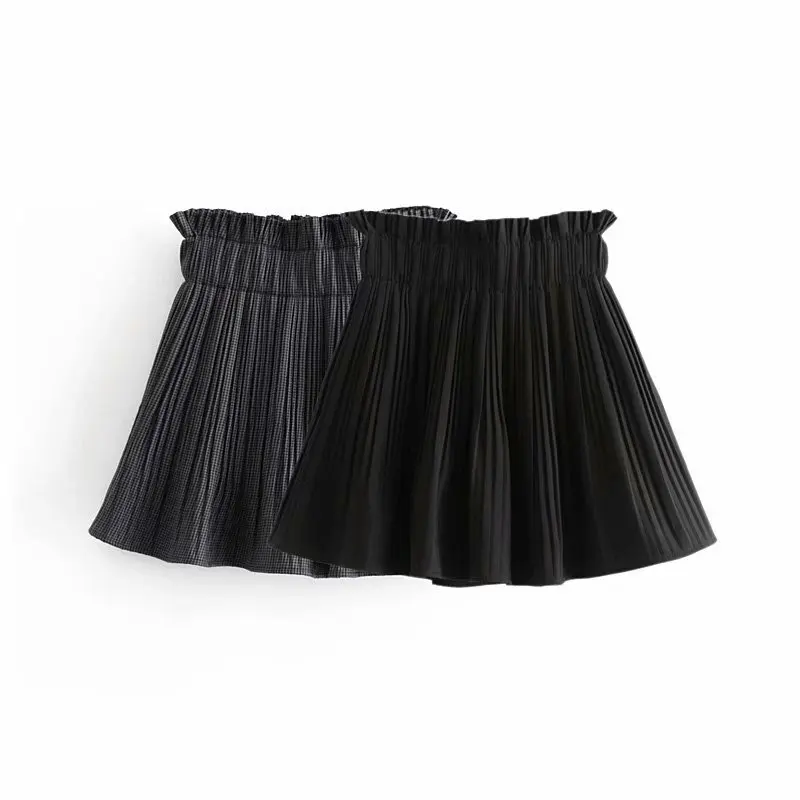 

2019 Spring Autumn Elastic Waist Pleated Houndstooth Mini Skirt