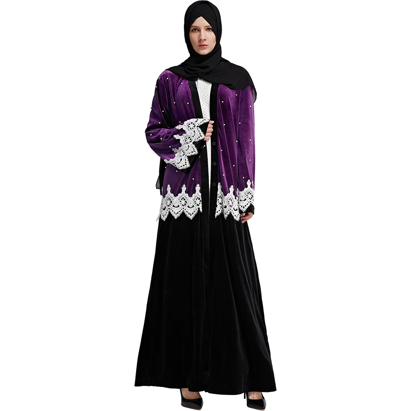 

Babalet Women's Muslim Full Length Artificial Pearls Lace Splicing Velvet Abaya Belted Kaftan Ramadan Dubai Islamic Arab Dress