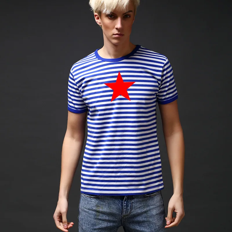 

Summer Russian Army Navy Striped T Shirts Men Cotton Pentagram Print Breton Top Casual Man O-Neck Short Sleeve T-shirt Fashion