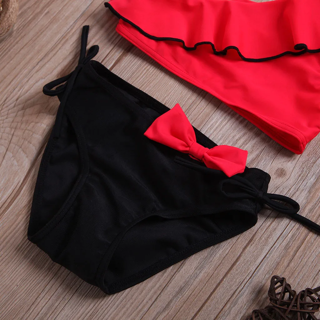 Детский купальник для девочек из полиэстера; купальный костюм из двух предметов; купальный костюм; бикини; пляжные летние однотонные купальники с оборками; K417