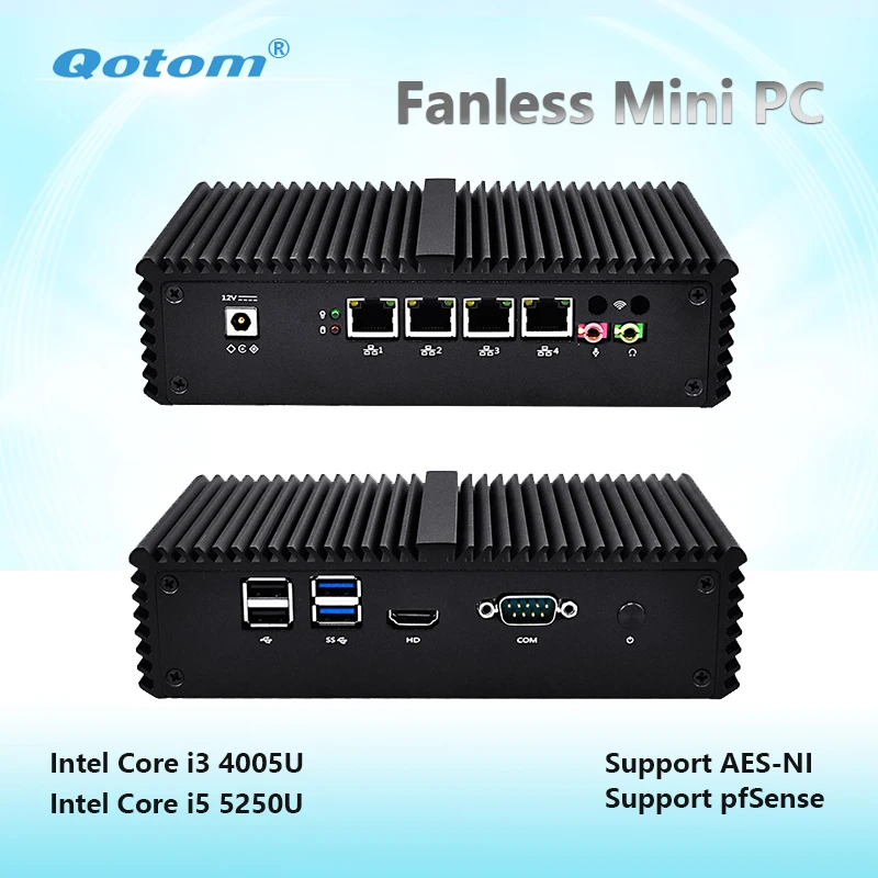 

Qotom-Q330G4 /Q355G4 Mini Computer Fanless Core i3 4005U i5 5250U AES-NI Mini PC Pfsense Router Firewall Mini PC 4 Ethernet Port