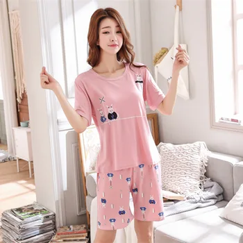 

2019 Summer Women Ladies Sexy Cotton Pajamas Sets Cartoons Short Sleeve Tops And Shorts Sleepwear Mujer Nightwear Pyjama Femmel