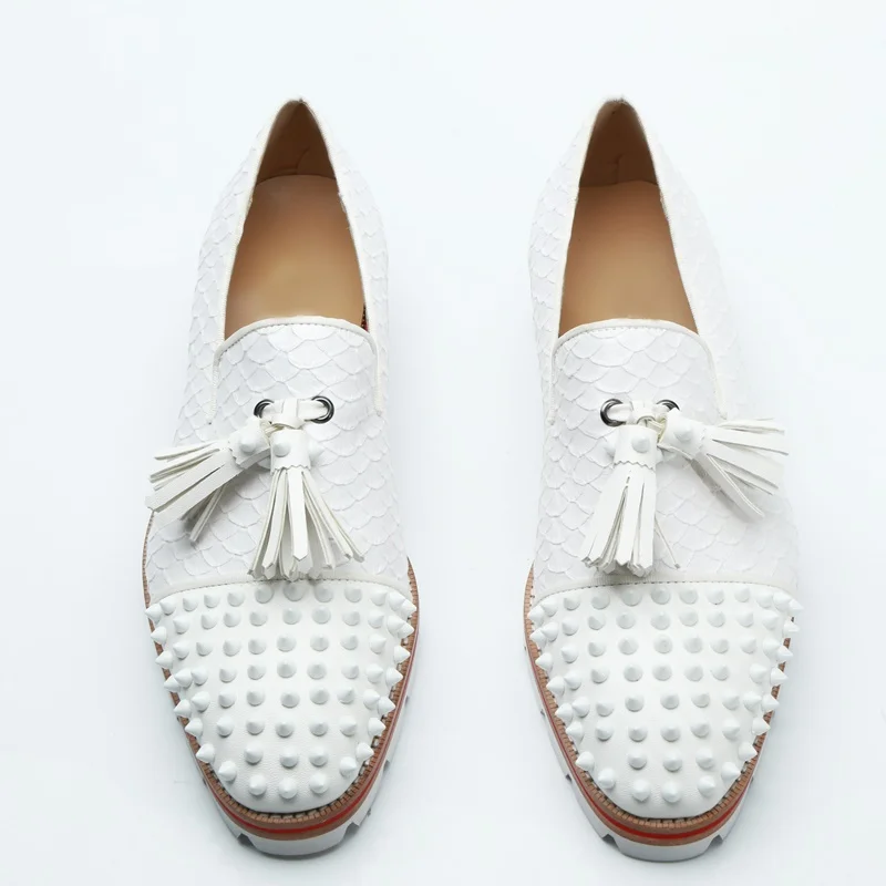 LOUBUTEN White Snakeskin Pattern Genuine Leather Tassel Loafers Slip On Men Dress Shoes Luxury Rivets Casual Shoes